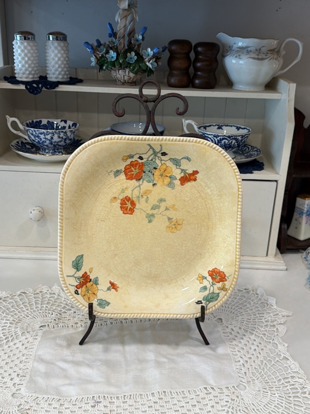Antique Floral Ceramic Serving Plate - Yellow with Orange Flowers and Stand